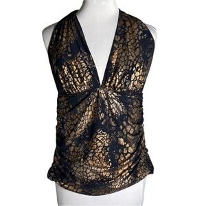 Magicsuit Black Gold Metallic Halter Bikini Tie Neck Swim Top Size 10